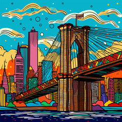Brooklyn Bridge. Brooklyn Bridge hand-drawn comic illustration. Vector doodle style cartoon illustration - obrazy, fototapety, plakaty