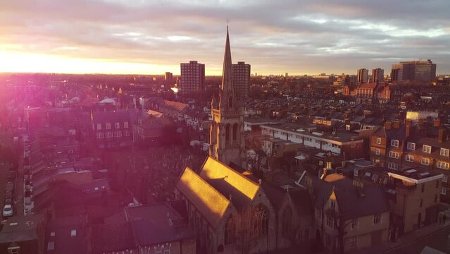 London Church View Sunset - drone video