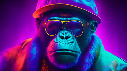 Neon portrait of gorilla rapper, gangsta monkey character - obrazy, fototapety, plakaty