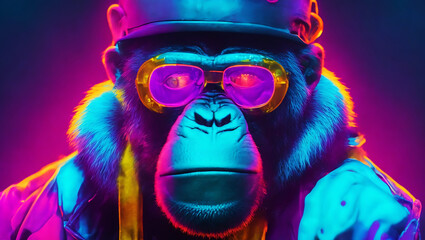Neon portrait of gorilla rapper, gangsta monkey character