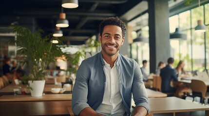 Young smiling professional business black man standing in the office and looking at camera
