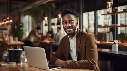 Young smiling professional black man working on the laptop in the office and looking at camera