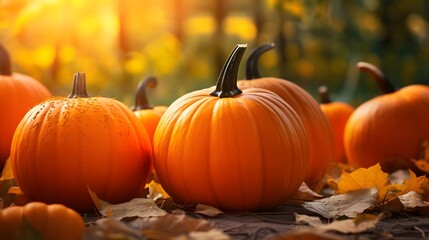 Autumn Halloween pumpkins. Orange pumpkins over bright autumnal nature background. Thanksgiving.