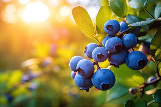 Blueberry bush with ripe berries on a sunny day in the forest, A branch with natural blueberries on a blurred background of a blueberry garden at golden hour, AI Generated