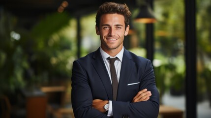 Fototapeta premium Young smiling professional caucasian man standing in the office and looking at camera