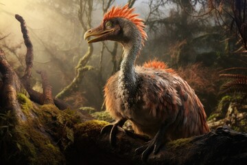 Dinosaur in the forest. Animal in the nature habitat. Dinosaur in the forest. A bird like a...