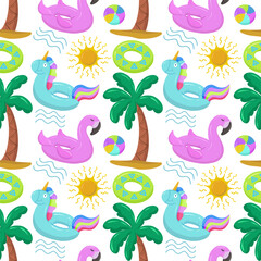 Various items for the beach and recreation. Inflatable swimming circle with blue unicorn, flamingo, palm tree, sun and waves. Seamless vector pattern on summer and marine themes.