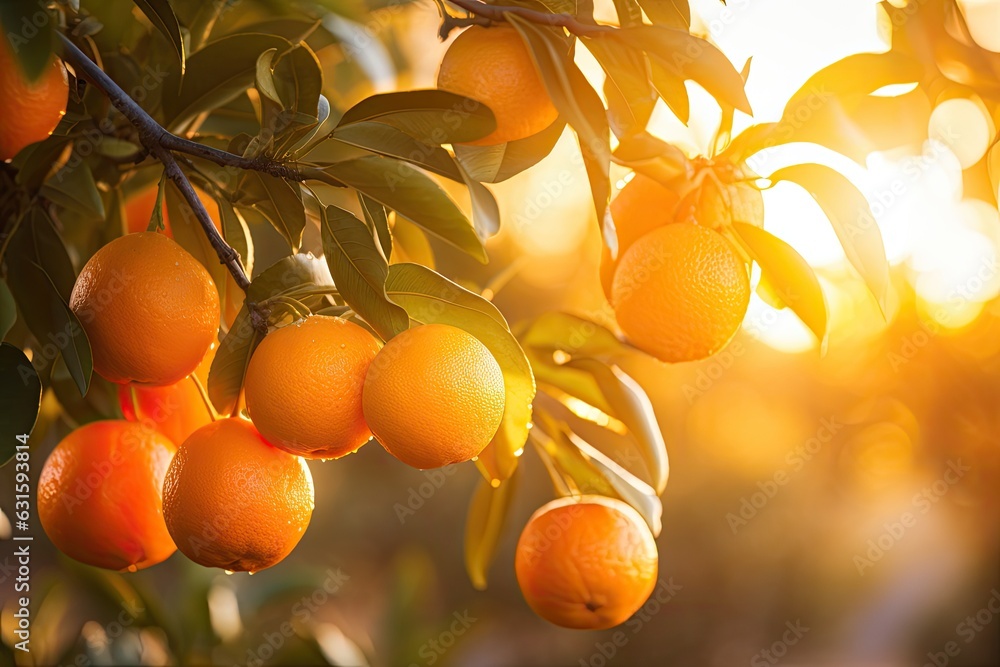 Poster ripe tangerines on the tree in the rays of the setting sun, a branch with natural oranges on a blurr