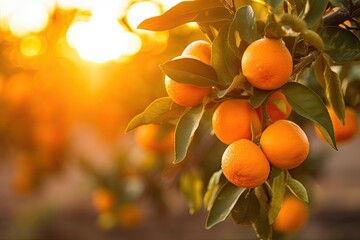 Ripe tangerines on the tree in the sunset light. A branch with natural oranges on a blurred background of an orange orchard at golden hour, AI Generated
