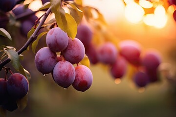 Ripe plums on a tree branch in the garden at sunset, A branch with natural plums on a blurred background of a plum orchard at golden hour, AI Generated - obrazy, fototapety, plakaty