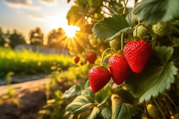 Ripe strawberries growing in garden, closeup. Organic farming concept, A branch with natural strawberries on a blurred background of a strawberry field at golden hour, AI Generated - Powered by Adobe
