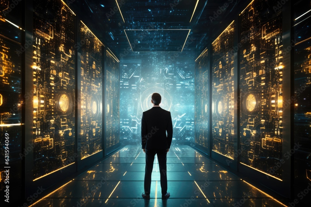Poster back view of businessman looking at futuristic tunnel. future and technology concept, a businessman 