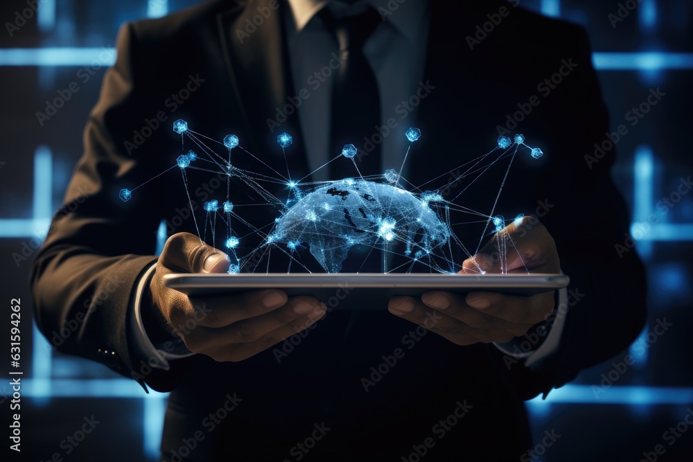 Poster businessman holding tablet with global network connection concept. 3d rendering, a businessman holdi