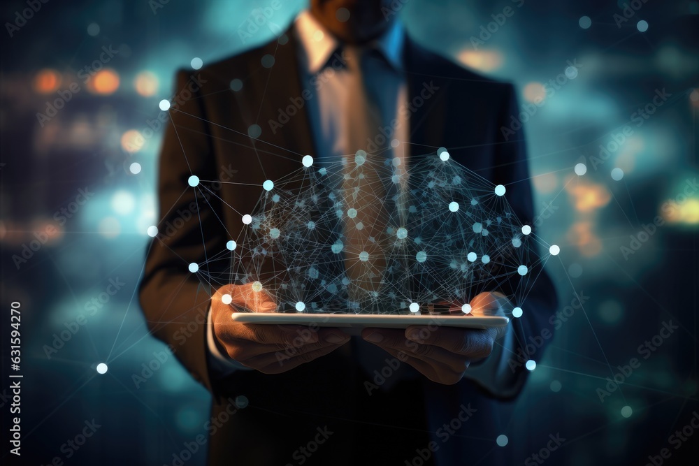 Poster businessman on blurred background using digital network connection with tablet 3d rendering, a busin