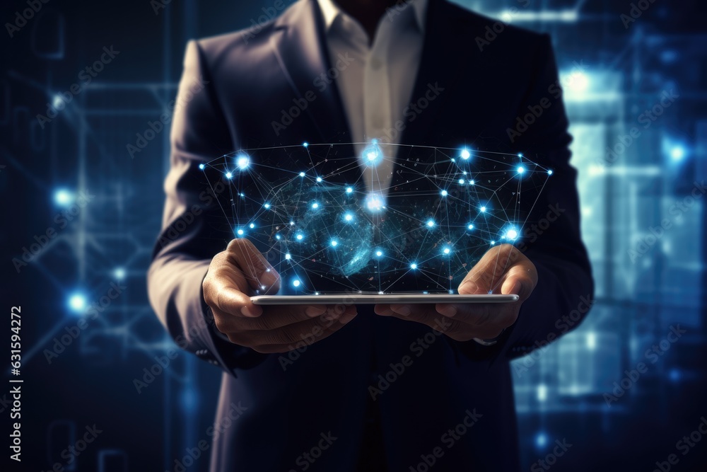 Poster businessman holding tablet with global network connection concept. 3d rendering, a businessman holdi