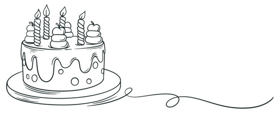 Birth day cake with candles line art vector illustration