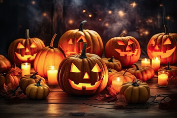 Fototapeta premium Halloween pumpkin and candles, jack o lantern, generative ai