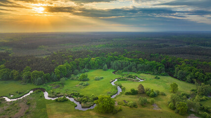 Fototapeta na wymiar Beautiful spring morning over the forest and river - drone aerial view