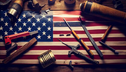American flag and tools near the helmet Labor Day concept