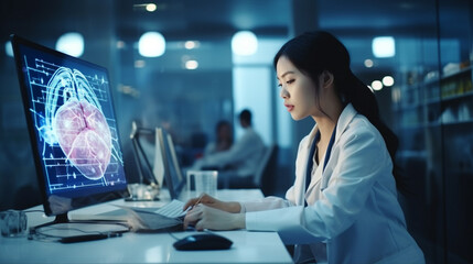 Doctor women with AI artificial intelligence in modern medical technology and IOT automation. Doctor using AI document management concept.