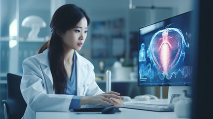 Doctor women with AI artificial intelligence in modern medical technology and IOT automation. Doctor using AI document management concept.