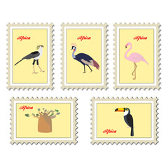 Postage stamps of birds and plants of Africa, vector set