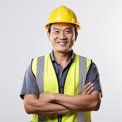 Asian Engineer confident, Young Portrait Asian Engineer yellow hard hat wearing safety vest with reflective stripes and jeans standing with arms crossed smiling white background