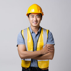 Asian Engineer confident, Young Portrait Asian Engineer yellow hard hat wearing safety vest with reflective stripes and jeans standing with arms crossed smiling white background