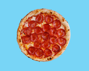 craft pepperoni pizza on a blue background, studio shooting 2