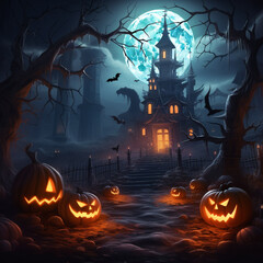 Fototapeta na wymiar Pumpkin Halloween in dark night background orange tone design for Halloween 31 October.