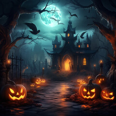Fototapeta na wymiar Pumpkin Halloween in dark night background orange tone design for Halloween 31 October.