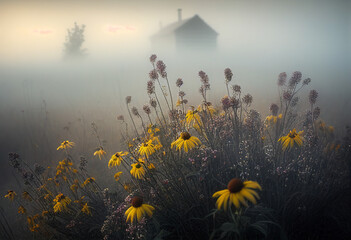 Fototapeta na wymiar Endless meadow of wild flowers during the morning mist. AI Generated