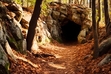 Fox Hole in Southern Maryland's Calvert Cliffs State Park. A Hidden Den in the Heart of the Forest: Generative AI - obrazy, fototapety, plakaty