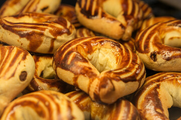 Close up crescent roll moon cake pastry sweet food . Selective focus included.