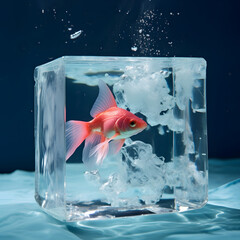 Exotic pink fish trapped in an ice cube in the deep sea.