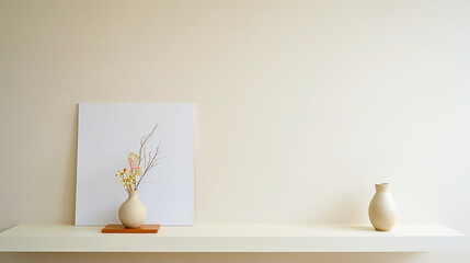 Minimalism is captured from eye level, showcasing a clean, balanced, and softly lit still-life scene, with a vase and plant.