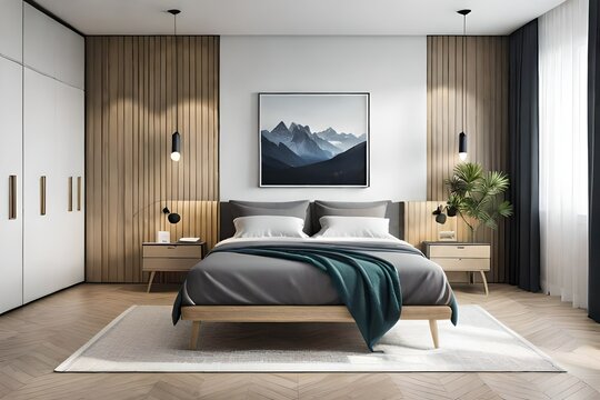 bedroom interior with bed Wall 3d Mockup render