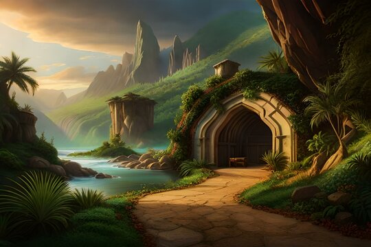 a big cave full of pirate treasure hidden in a jungle. Inspired by Ali baba story - AI generative
