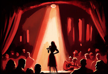 Silhouette of a woman on stage singing in front of a crowd of spectators in red tones picture. AI Generated
