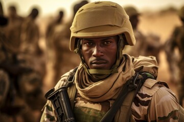 a closeup photo of a black african military soldier with camouflage uniform and equipment in Niamey, Niger. government overthrown in a military coup d'état. Generative AI - obrazy, fototapety, plakaty