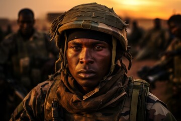 a closeup photo of a black african military soldier with camouflage uniform and equipment in Niamey, Niger. government overthrown in a military coup d'état. Generative AI
