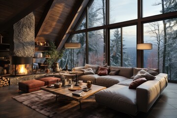 Fototapeta premium Cozy living room with a panoramic window overlooking the winter mountains and forest. Front view of sofa and coffee table against wide window with snowy mountain landscape. Concept of holidays.