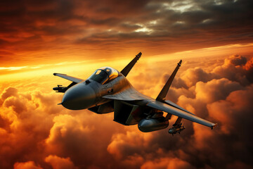 Fototapeta na wymiar A fighter jet flying in the evening sky above clouds.