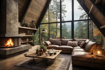 Cozy living room with a panoramic window overlooking the autumn mountains and forest. Front view of sofa and coffee table against wide window with mountain landscape. Concept of holidays.