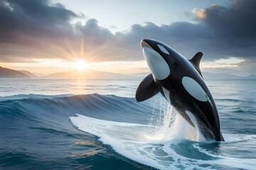 Fototapeta premium A blue whale jumping outside of the ocean - AI generative