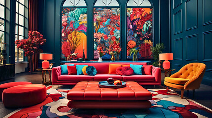 A vibrant symphony of bold colors, patterns, and textures dance together, as maximalism celebrates artistic freedom and richness in interior design. - obrazy, fototapety, plakaty