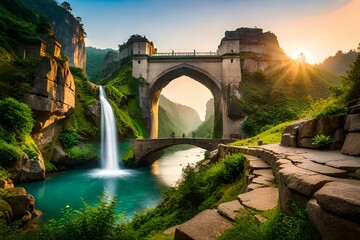 A bridge gracefully spanning the gap between two towering rock formations amidst a verdant oasis - AI generative