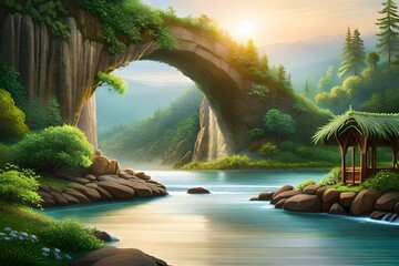 Fototapeta na wymiar A bridge gracefully spanning the gap between two towering rock formations amidst a verdant oasis - AI generative