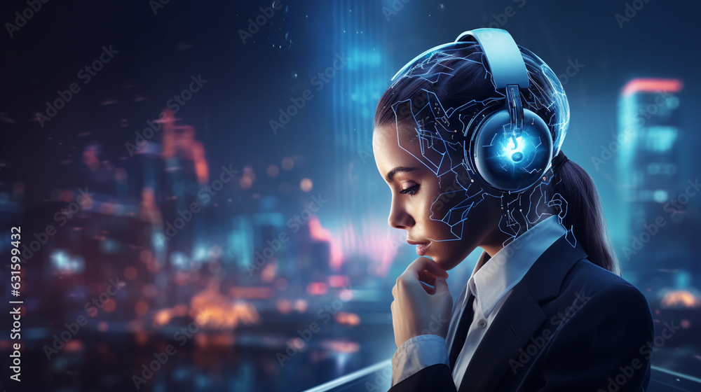Poster human profile hologram, digital brain and network circuit. concept of artificial intelligence, menta