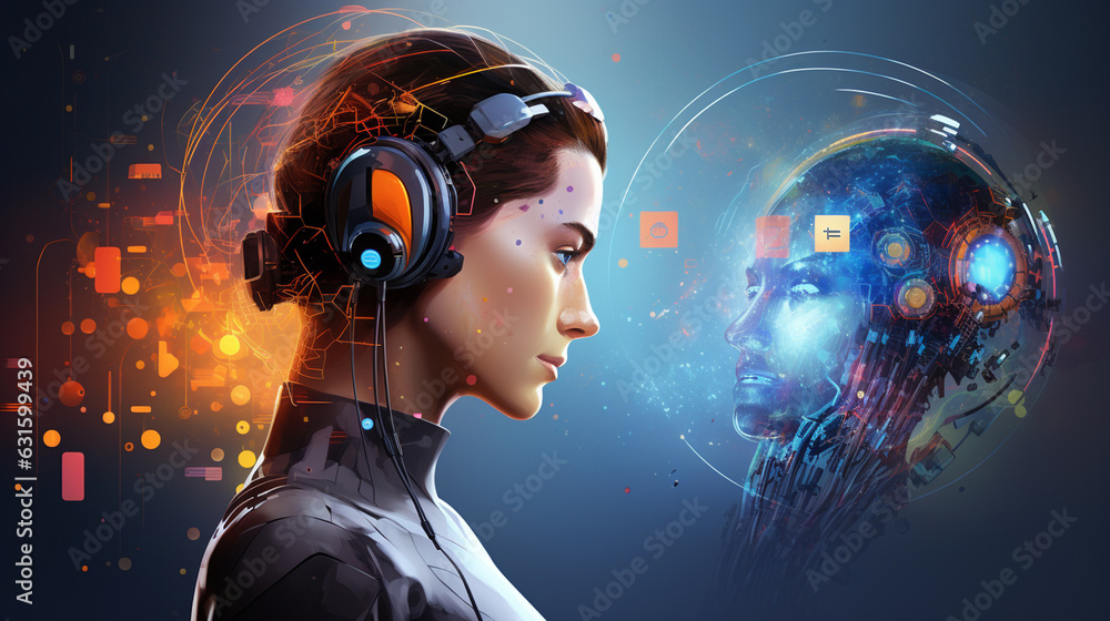 Poster human profile hologram, digital brain and network circuit. concept of artificial intelligence, menta